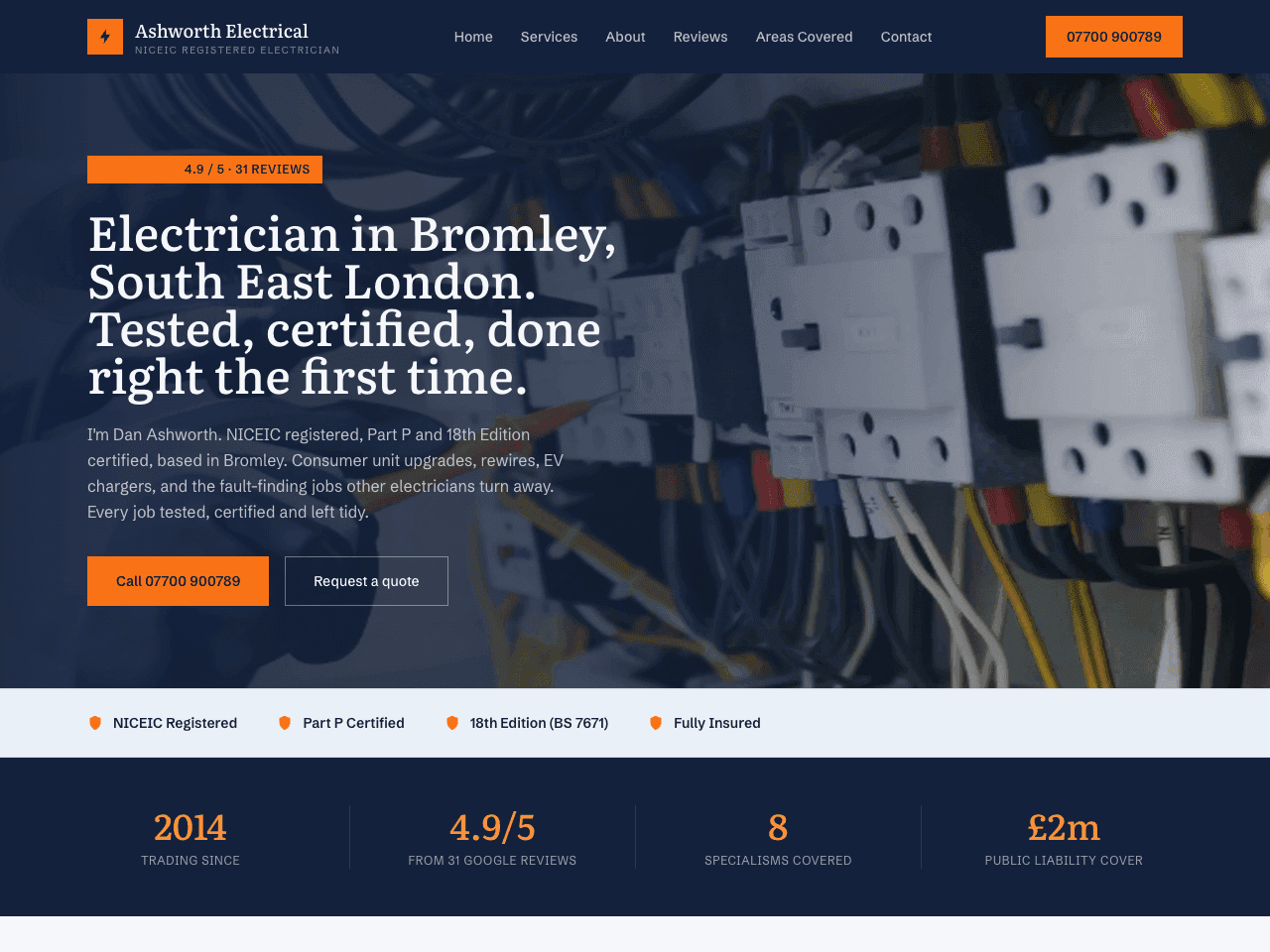 Ashworth Electrical website, built by Eight Two Digital