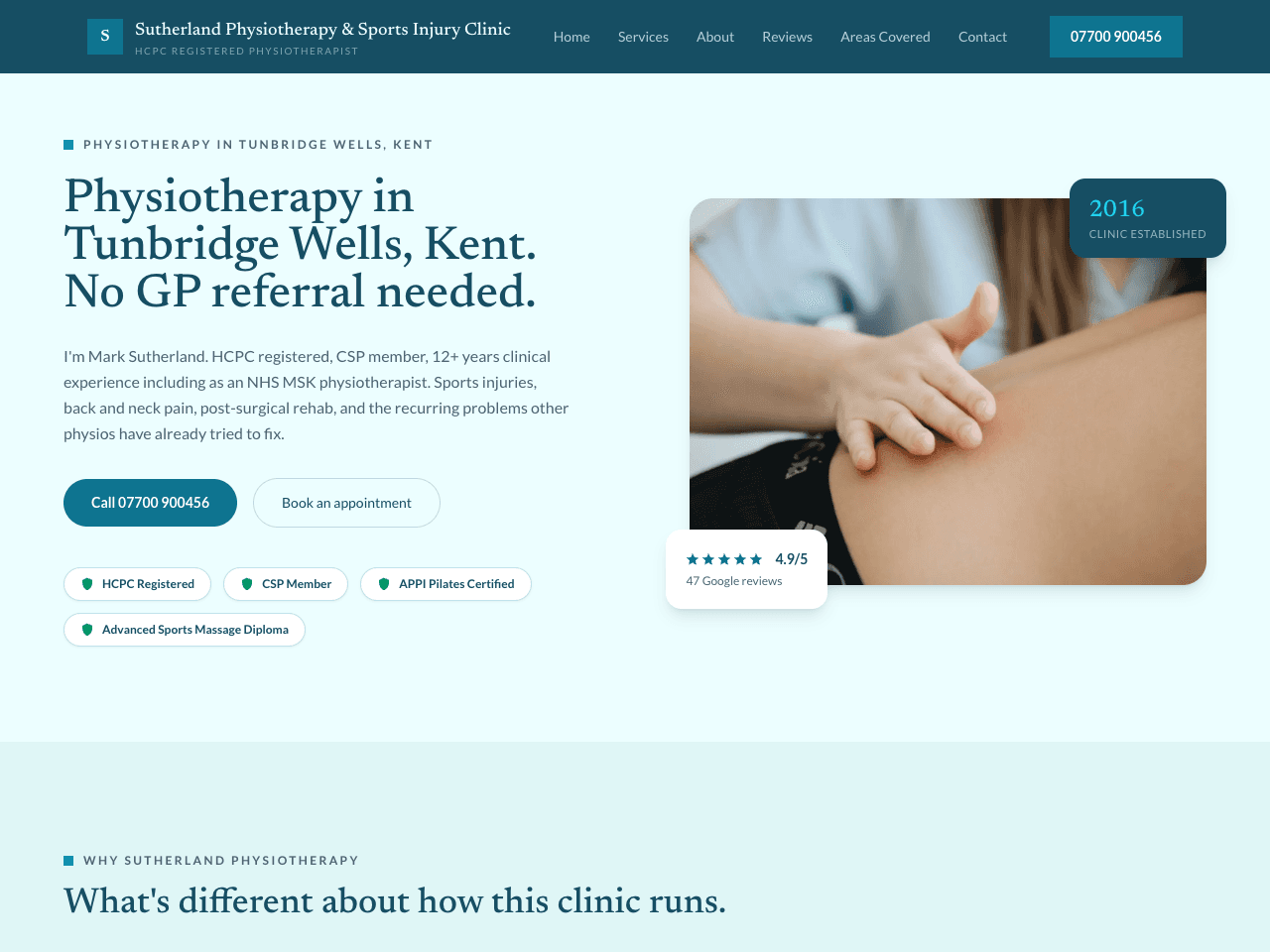 Sutherland Physiotherapy website, built by Eight Two Digital