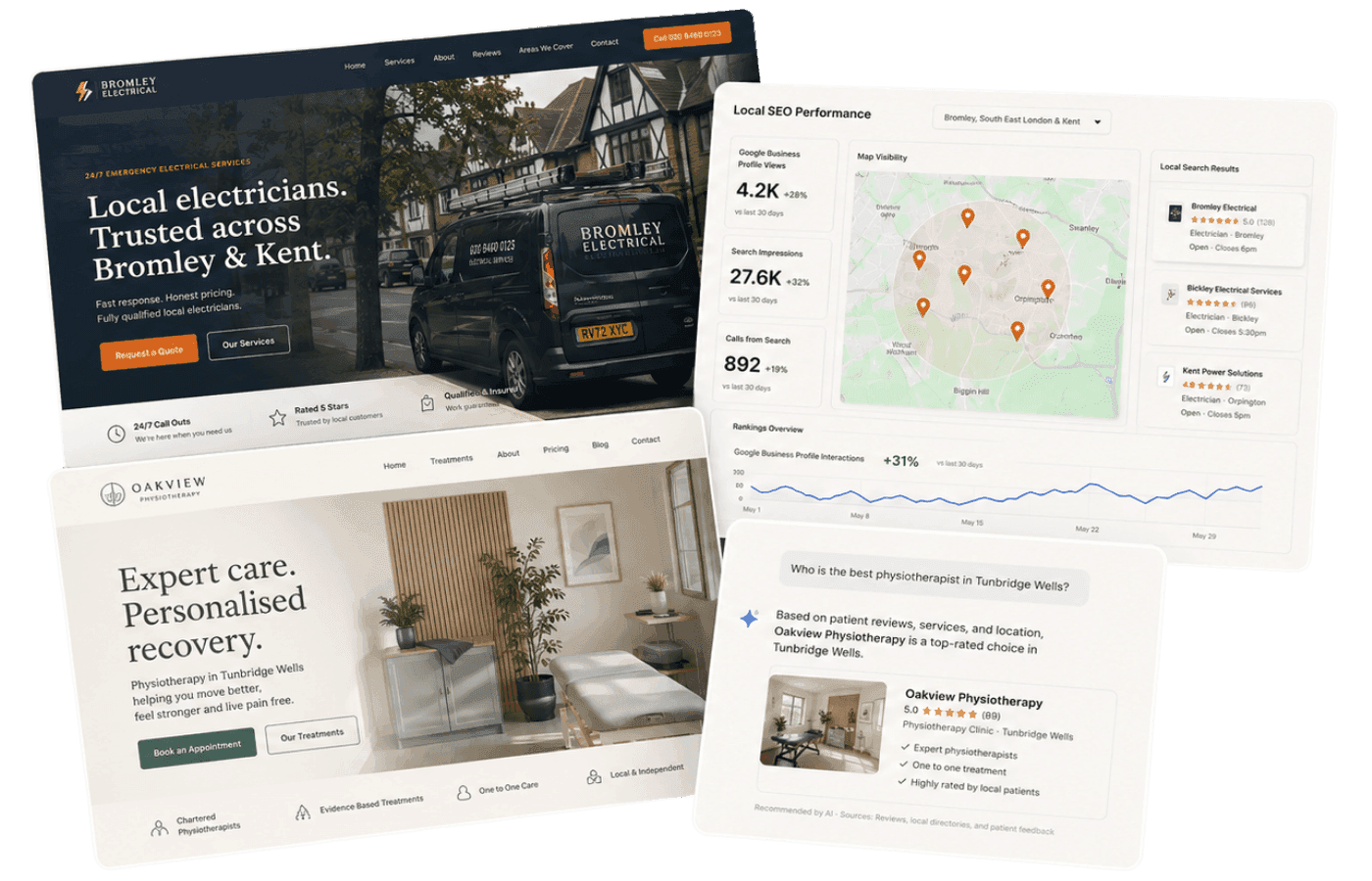 Websites built by Eight Two Digital, alongside the local SEO performance and AI search visibility they bring in