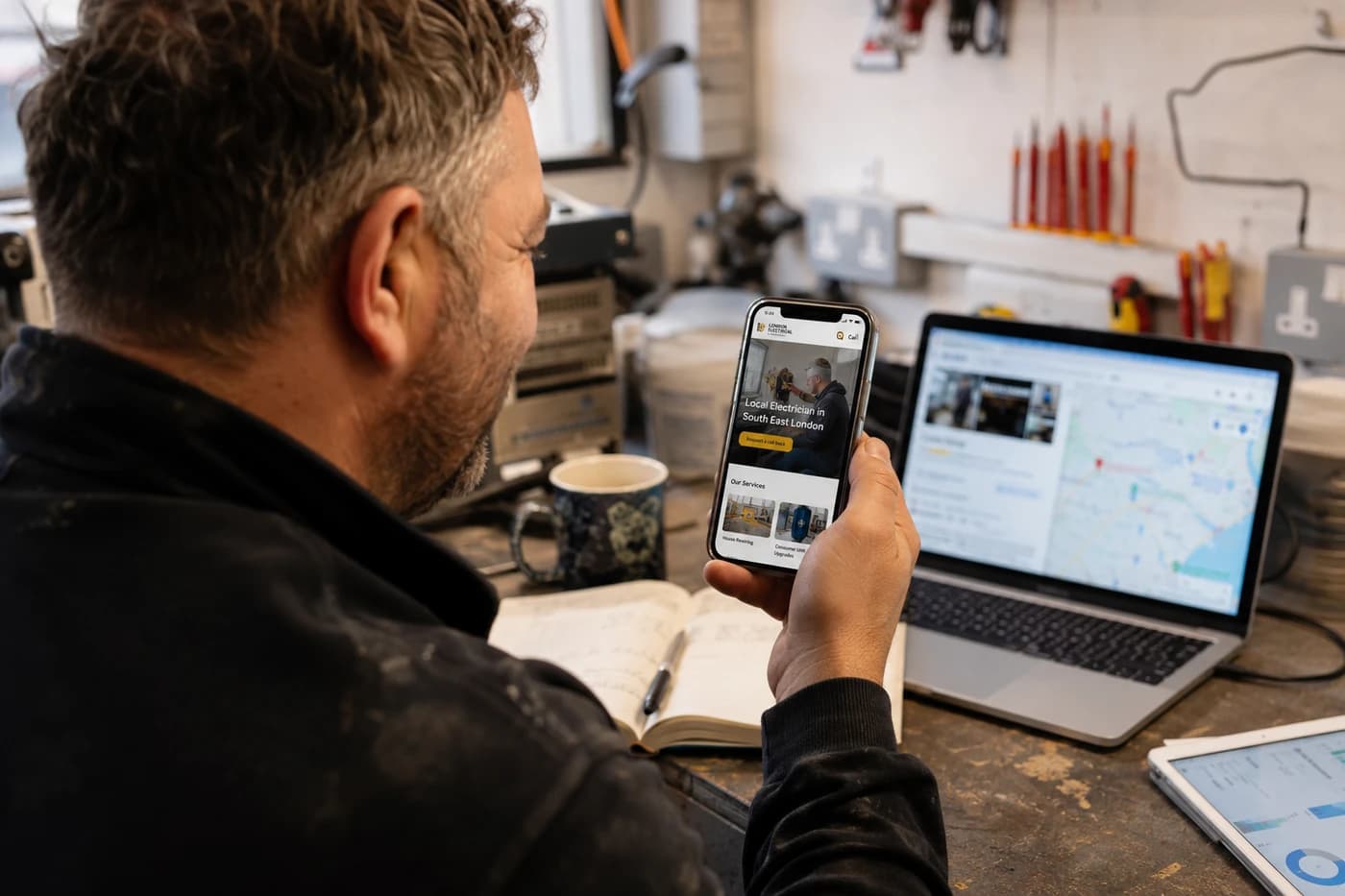 An electrician checking his website on his phone in his workshop, with local search results open on a laptop behind him