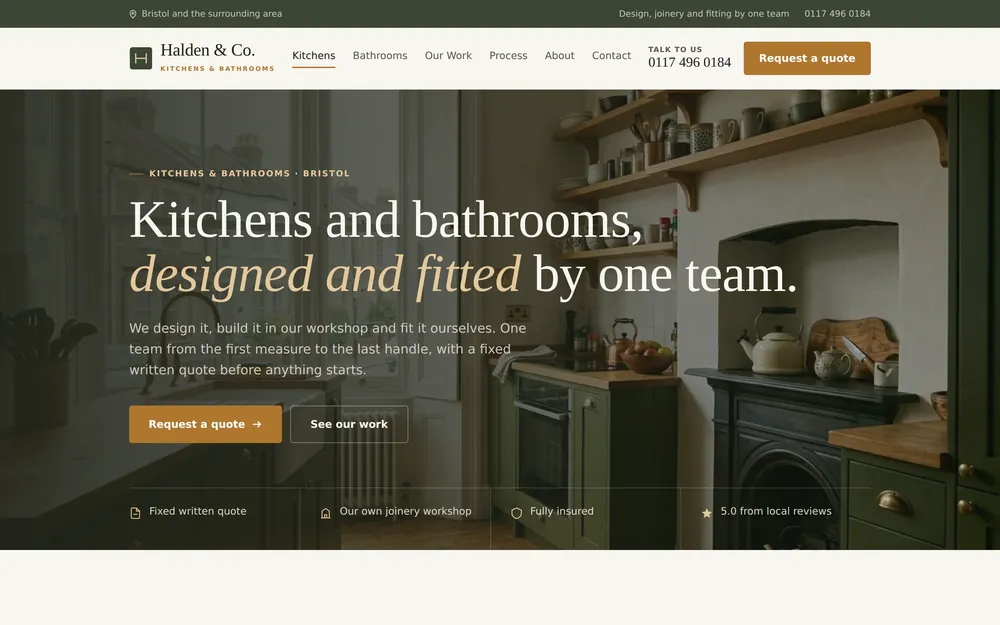 Homepage preview for a kitchens and bathrooms business, showing fitted interiors, written quote messaging and enquiry routes